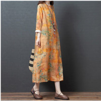 权小威 中年妇女亚麻秋天长袖连衣棉麻裙子春秋款女士穿的秋装新款旗袍韩版宽松文艺连衣裙