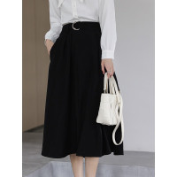 权小威 春秋款初中女生半身裙中长款秋季学生高中生穿简约黑色西装裙2022春季新款百搭高腰垂感显瘦通勤大摆A字