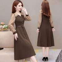 权小威 送腰带拼接长袖连衣裙女中长款2022早秋新款时尚收腰裙子