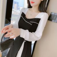 权小威 秋季新款小个子清新方领气质赫本风收腰显瘦压褶小黑连衣裙子