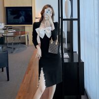 权小威 长袖黑色连衣裙2022新款女秋法式小个子气质名媛赫本风小黑裙