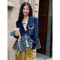 权小威 西装外套女复古花朵印花拼接撞色矮个子珍珠百搭显瘦高级感外套