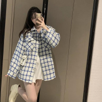 权小威 韩版时尚蓝白格粗花呢小香风外套女春秋新款时尚学生夹克上衣