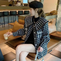 权小威 小香风粗花呢格子毛呢外套女2022年秋冬新款复古重工领中长款