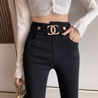 权小威 高腰弹力打底裤女秋冬新款外穿时尚潮金属扣加绒铅笔小脚长裤