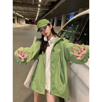 权小威 2022早秋新款美式绿色冲锋衣女拉链连帽宽松休闲夹克外套慵懒风潮