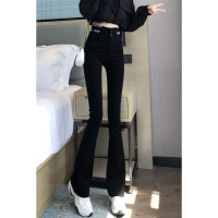 权小威 2022年春秋新款韩版时尚洋气高端气质松紧高腰弹力喇叭裤黑色外穿显瘦微喇裤子女拖地裤