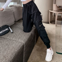 权小威 黑色工装裤女2022秋季新款韩版时尚洋气高端气质潮直筒高腰大码显瘦束脚嘻哈休闲运动裤