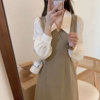 权小威 2022秋天新款韩版时尚洋气高端气质高级感时尚中长裙假两件裙子小香风背带连衣裙