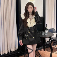 权小威 秋季新款2022韩版高端设计感拼接荷叶领气质西装连衣裙时尚名媛洋气A字短裙女