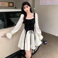 权小威 胖mm法式方领拼接连衣裙秋季新款2022韩版时尚洋气高端气质设计感甜辣假两件长袖A字裙