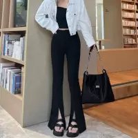 权小威 黑色开叉微喇叭裤女2022秋季新款九分裤修身显瘦高腰休闲拖地长裤
