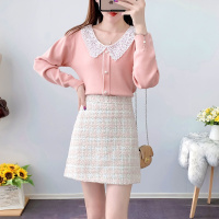 权小威 2022秋冬新款短裙时尚套装淑女长袖针织衫+格子短裙半身裙两件套