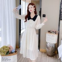 权小威 蕾丝连衣裙女2022秋季新款珍珠镶边气质V领甜美温柔风仙女裙