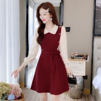 权小威 针织连衣裙2022秋冬新款法式小香风修身显瘦假两件打底毛衣A字裙