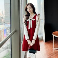 权小威 毛衣针织连衣裙2022秋冬新款蝴蝶结木耳边修身显瘦撞色拼接打底裙