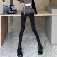 权小威 黑灰渐变色弹力牛仔小脚裤女学生百搭高腰显瘦铅笔裤2022秋冬新款韩版时尚休闲裤