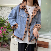 权小威 2022新款时尚百搭高端气质加绒加厚牛仔外套女秋冬宽松两面穿豹纹短外套韩版保暖棉袄