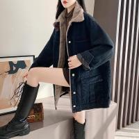权小威 加绒牛仔外套女宽松韩版时尚百搭气质高端洋气2022新款秋冬装加厚中长款上衣女保暖