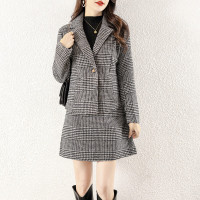 权小威 毛呢大衣女2022年新款秋冬装韩版简约时尚百搭气质名媛高端洋气格子毛呢套装女显瘦短外套包臀