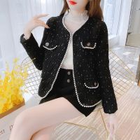 权小威 2022秋装新款法式小香风外套女短款复古高级感气质珍珠粗花呢上衣