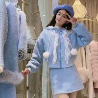 权小威 2022冬季新款韩版时尚气质高端名媛洋气钉珠蕾丝木耳边毛球拉链外套半身裙两件套