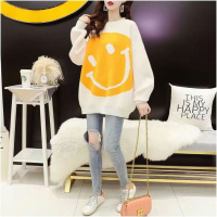 权小威 中长款秋冬新款毛衣女宽松外穿加厚慵懒风笑脸针织打底衫上衣