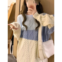 权小威 奶fufu的软糯麻花套头毛衣女秋冬宽松温柔风日系拼色针织衫上衣女