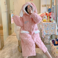 权小威 睡袍女冬三层夹棉加厚保暖浴袍可爱连帽加长款宽松大码睡衣