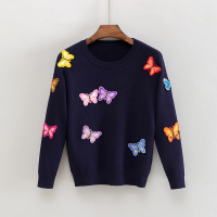 权小威 女式针织衫春季新款韩版刺绣蝴蝶长袖打底套头显瘦毛衣女上衣
