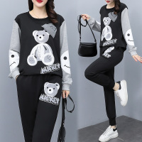 权小威 2022年春秋季新款休闲运动套装女显瘦卡通小熊大码卫衣卫裤两件套