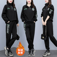 权小威 2022冬季加绒时尚套装宽松拉链立领印花大码休闲长袖两件套