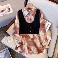 权小威 设计感小众单排扣衬衫女秋款宽松时尚长袖豹纹衬衣西装马甲两件套