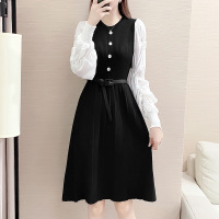 权小威 针织连衣裙女2022秋冬季韩版新款拼接雪纺袖打底A字毛衣裙