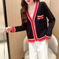 权小威 2022秋冬新款时尚气质名媛撞色显瘦V领宽松长袖毛衣针织衫上衣女开衫