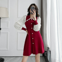权小威 2022秋冬季韩版新款时尚翻领名媛气质蕾丝袖修身淑女显瘦A字针织连衣裙女
