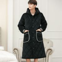 权小威 冬季男士睡袍水晶绒连帽三层夹棉加厚睡衣长款大码浴袍