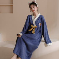 权小威 和服睡裙女日系春秋季长袖秋冬新款过膝长款胖mm200斤少女连衣裙