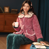 权小威 冬季睡衣女长袖三层加厚夹棉保暖家居服可外穿套装