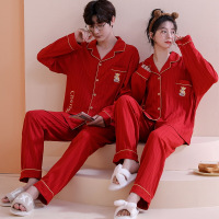 权小威 新款情侣睡衣女秋冬长袖棉质结婚开衫翻领男士婚庆大红新婚家居服