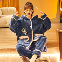 权小威 睡衣女冬季加绒加厚连帽长袍少女家居服睡袍套装