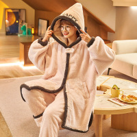权小威 睡衣女冬季加绒加厚连帽长袍少女家居服睡袍套装