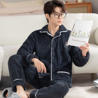 权小威 男士睡衣冬季加绒加厚青少年简约保暖开衫家居服套装
