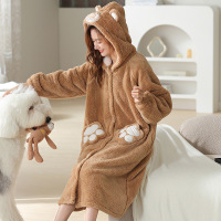 权小威 睡衣女冬睡裙秋冬款连帽学生睡袍中长款毛绒浴衣家居服加厚