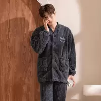 权小威 睡衣男冬天加绒加厚简约休闲开衫V领青年保暖家居服