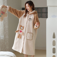 权小威 长毛绒睡衣女秋冬季加厚连帽中长款家居服可爱卡通睡裙套装