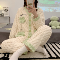 权小威 睡衣女2022年冬季加绒加厚小清新少女开衫家居服套装