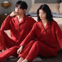 权小威 情侣睡衣2022年新款新婚夫妇夹层空气棉大红色喜庆开衫家居服套装