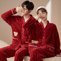 权小威 情侣睡衣新婚夫妇加绒加厚大红色喜庆家居服开衫套装