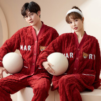 权小威 情侣睡衣新婚夫妇加绒加厚大红色喜庆家居服开衫套装